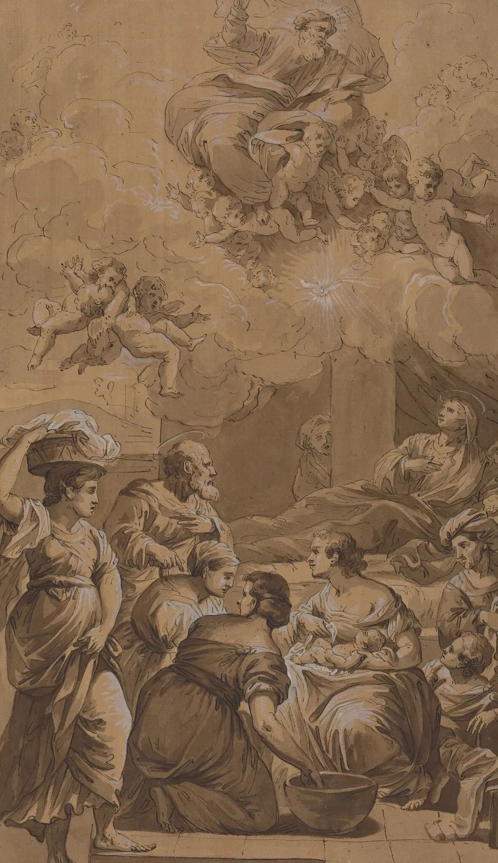 Birth of the Virgin, by Follower of Francesco Fontebasso, ink, 1701
