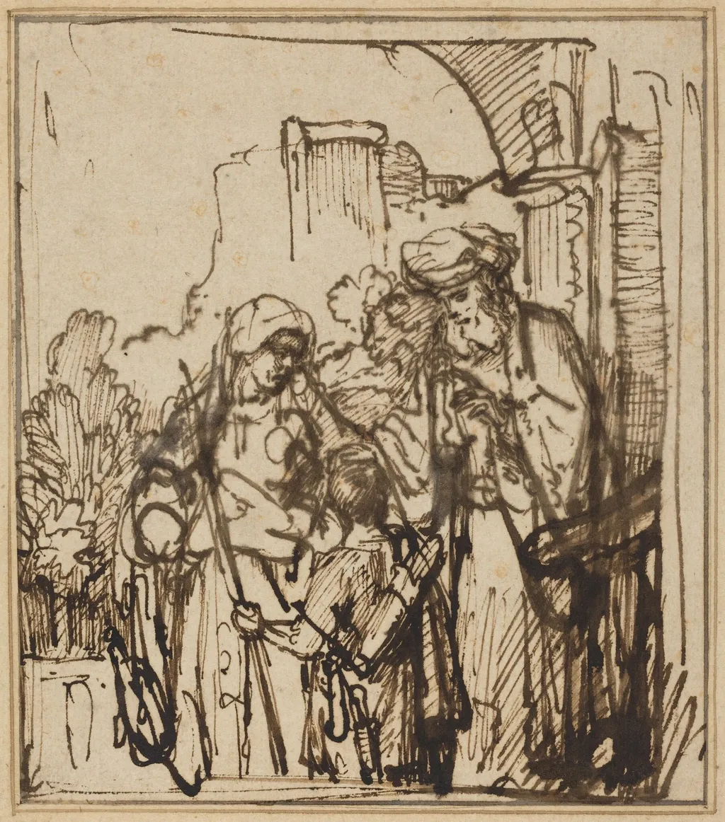The Dismissal of Hagar, by Follower of Rembrandt van Rijn, ink, 1641