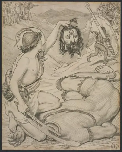 David and Goliath, Cartoon for Stained Glass Window at Jesus College, Cambridge, by Ford Madox Brown