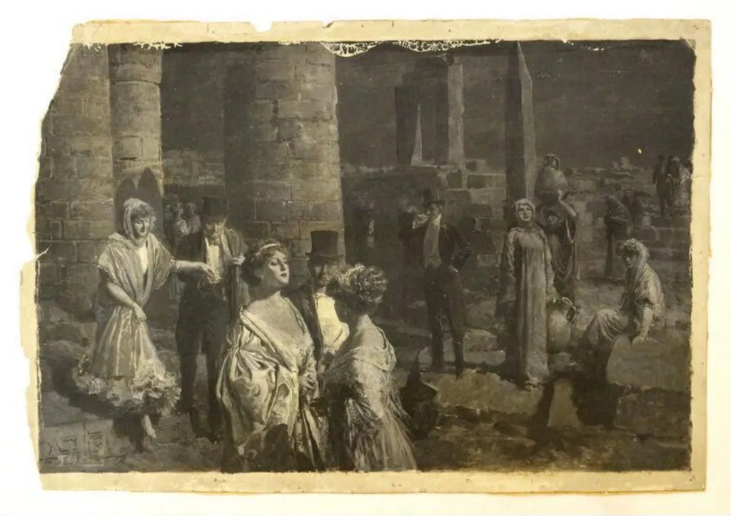 Oil painted study of an unidentified theatrical scene in Egypt, by Fortunino Matania, paint, 1950