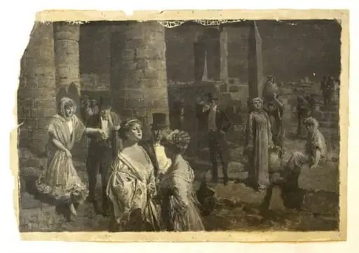 Oil painted study of an unidentified theatrical scene in Egypt, by Fortunino Matania