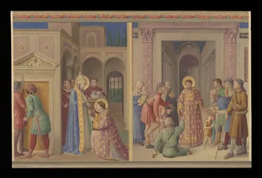 Copy after St Lawrence receiving the treasure of the Church and St Lawrence distributing Alms, Fra Angelico in the Niccoline Chapel (Vatican, Rome), by Fra Angelico