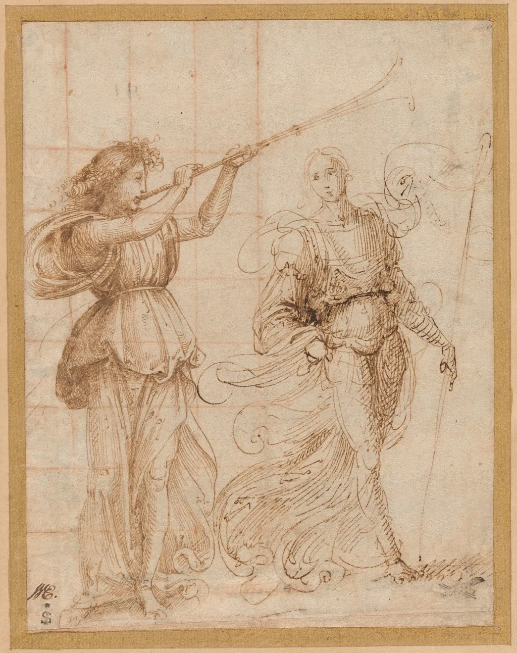 One Angel Blowing a Trumpet, and Another Holding a Standard, by Fra Bartolommeo, ink, 1500
