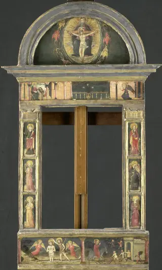 Frame painted with the annunciation, the baptism of Christ, the entry into Jerusalem, the Saints Cecilia and Catharina, and 4 angels making music
