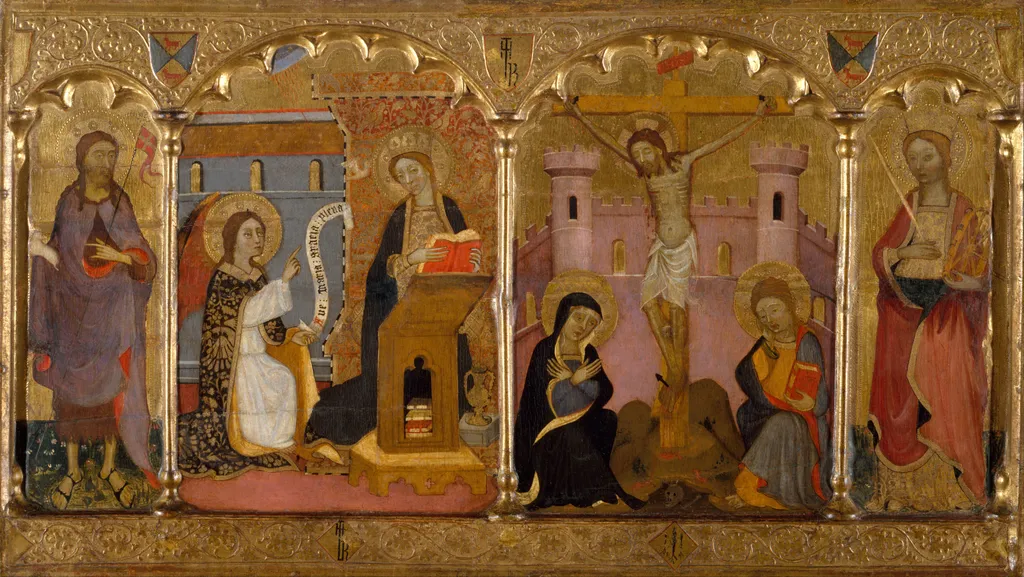 Saint John the Baptist, Annunciation, Crucifixion, Saint Catherine of Alexandria, by Francesc Comes, unspecified, 1400