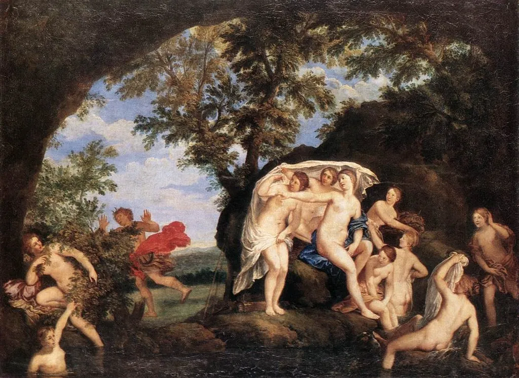 Diana and Actaeon with nine nymphs, by Francesco Albani, oil, 1639