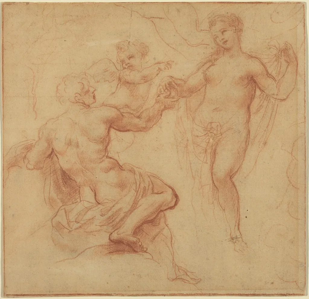 Paris Awarding the Apple to Venus, by Francesco Albani, chalk, 1619
