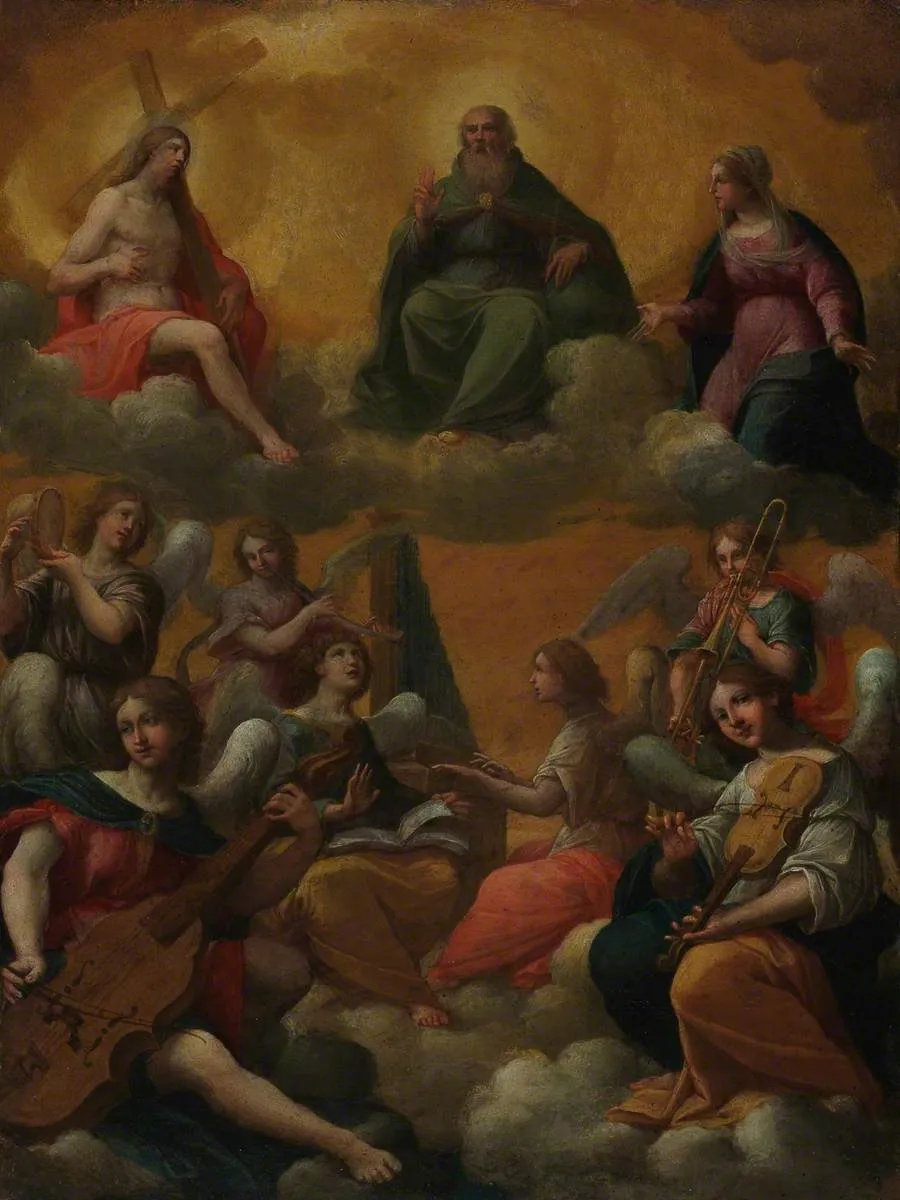 The Trinity with the Virgin Mary and musician angels, by Francesco Albani, oil, 1600