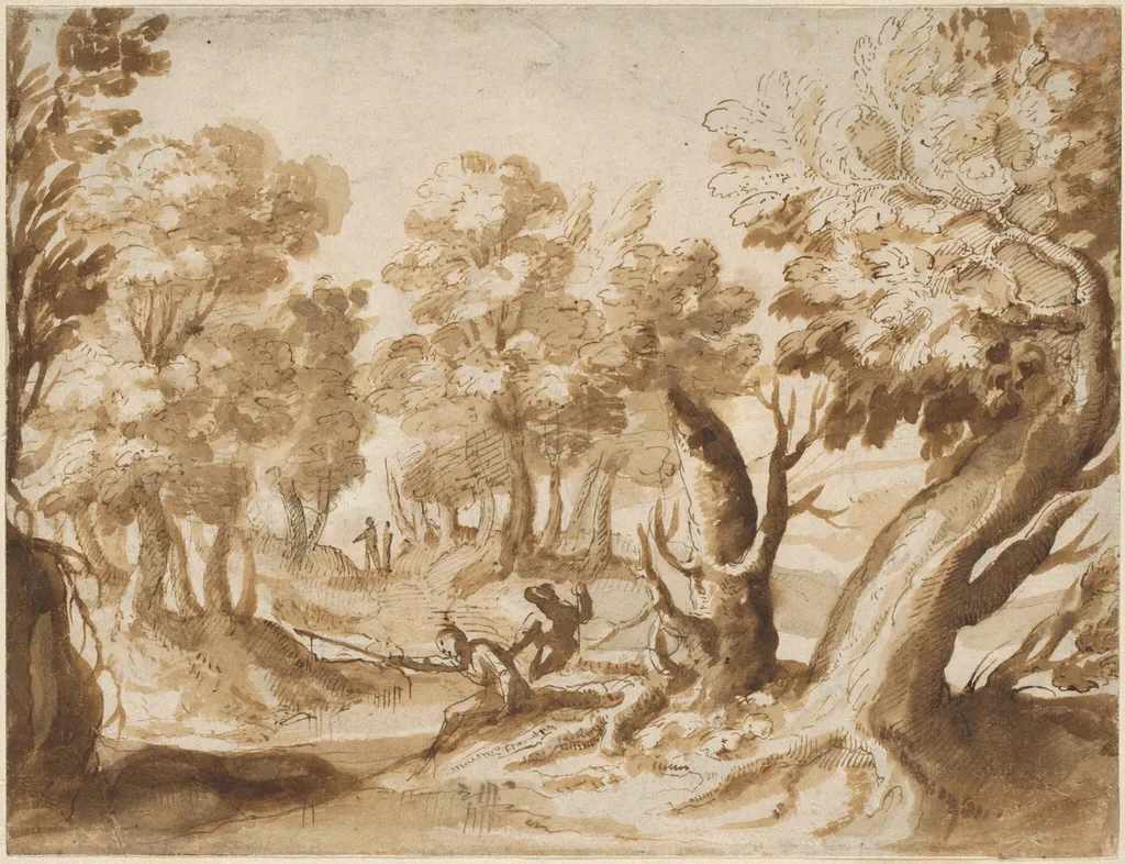 Two Figures Fishing in a Landscape, by Francesco Allegrini, chalk, 1647