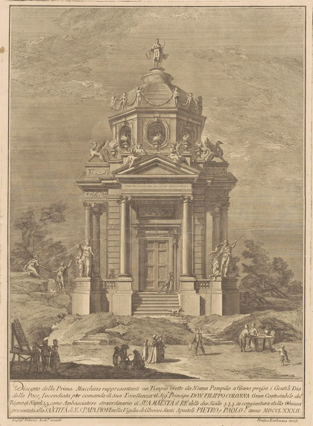 The Prima Macchina for the Chinea of 1782: The Temple of Janus Built by Numa Pompilius, by Francesco Barbazza, ink, 1782