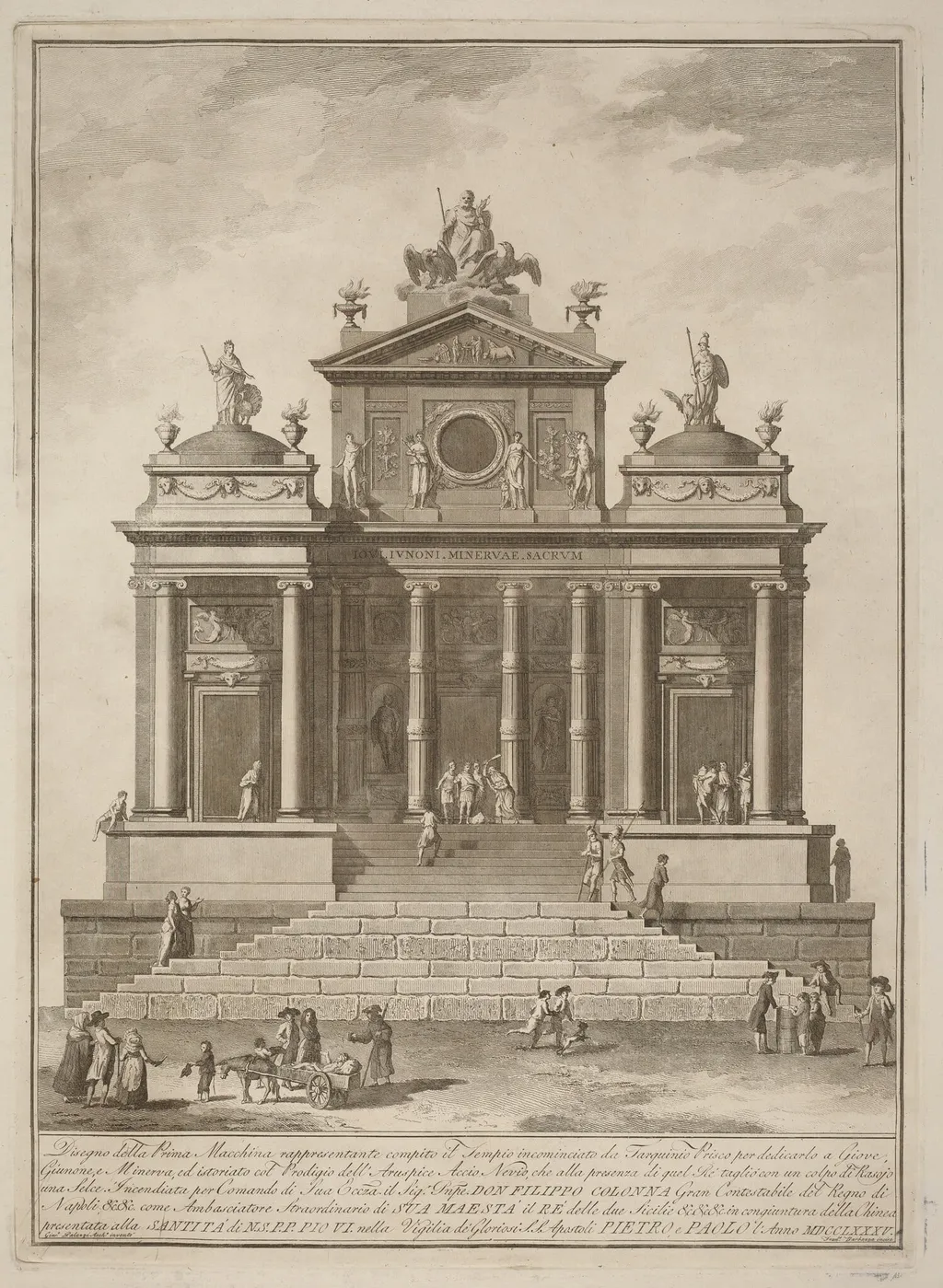 The Prima Macchina for the Chinea of 1785: The Temple of Jupiter Begun by Tarquinius Priscus with the Marvel of Accius Naevius, by Francesco Barbazza, ink, 1785