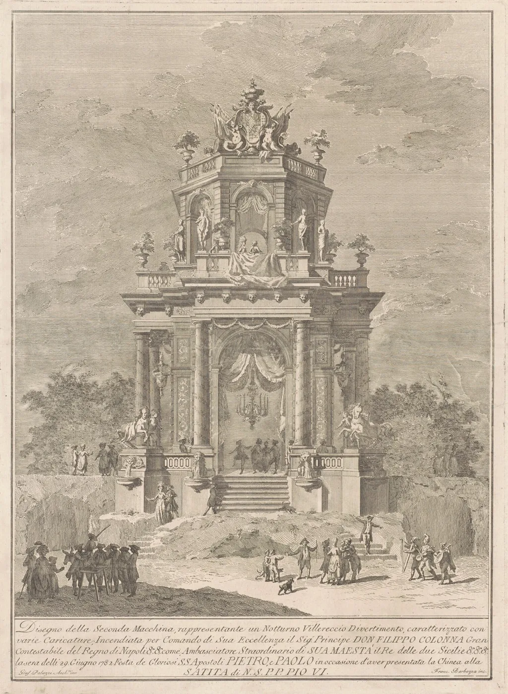 The Seconda Macchina for the Chinea of 1782: A Countryside Festival at Night, by Francesco Barbazza, ink, 1782