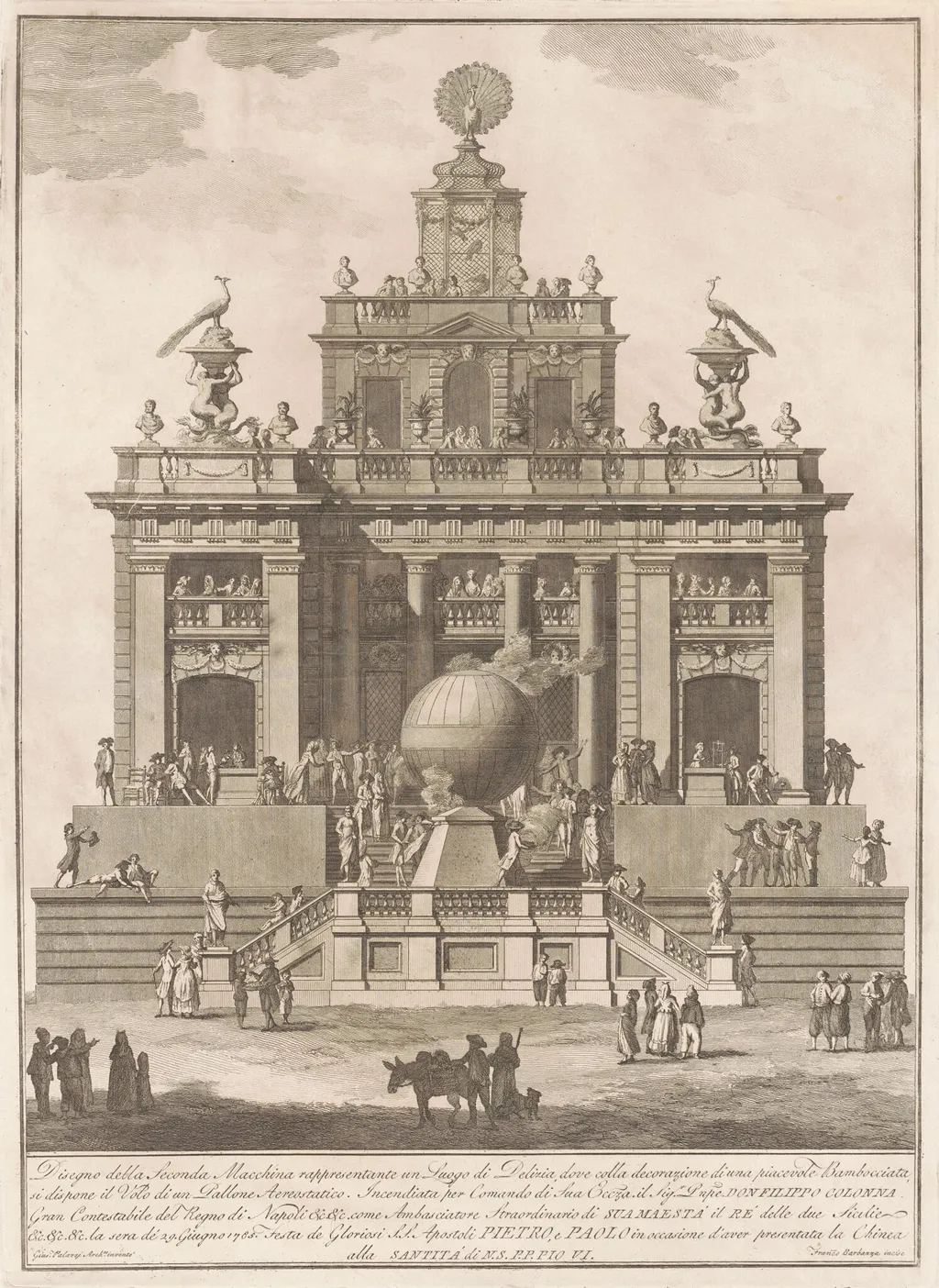 The Seconda Macchina for the Chinea of 1785: A Pleasure Palace with an Air Balloon, by Francesco Barbazza, ink, 1785