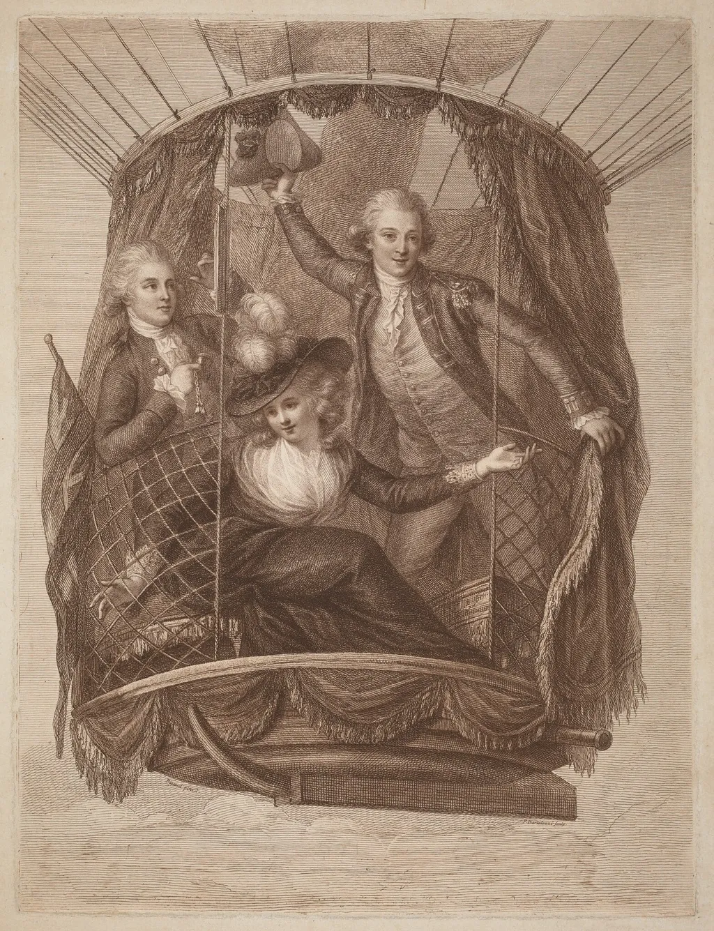 The Celebrated Vincent Lunardi Esq. Accompanied by Two Friends in His Third Aerial Excursion, Taken from St. George's Fields, in London, by Francesco Bartolozzi, ink, 1784