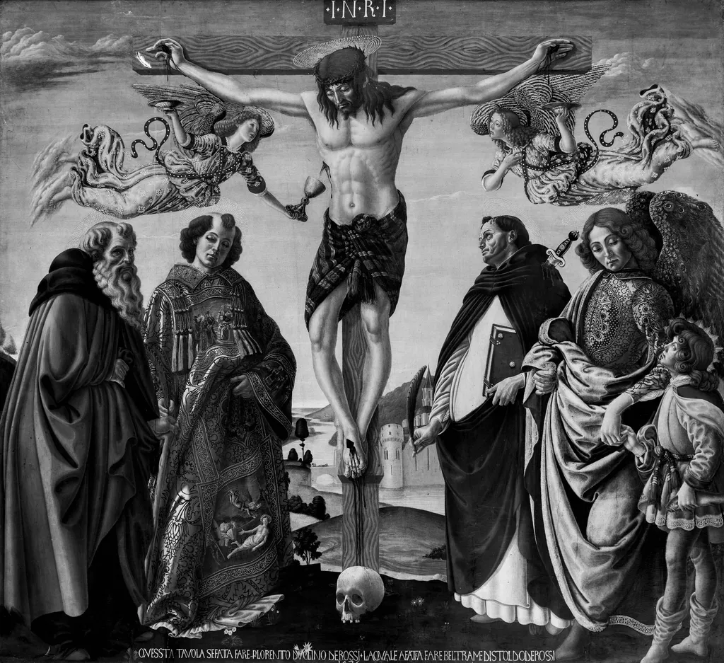 Christ on the Cross and Four Saints, by Francesco Botticini, paint, 1475