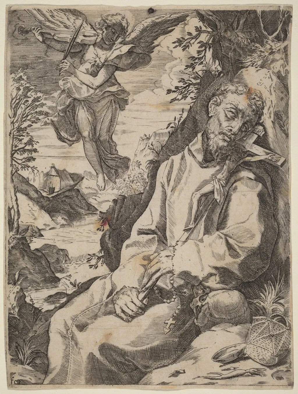 Saint Francis Consoled by the Musical Angel, by Francesco Carracci, ink, 1598