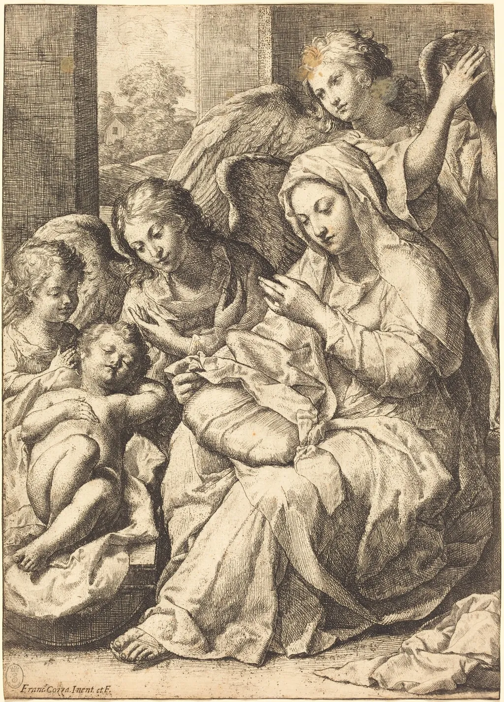 Virgin and Angels Watching Over the Sleeping Infant Jesus, by Francesco Cozza, ink, 1644