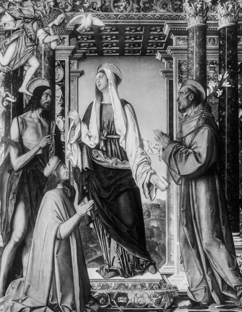 Annunciation to Mary with John the Baptist, Anthony of Padua and a donor, by Francesco da Cotignola, paint, 1509