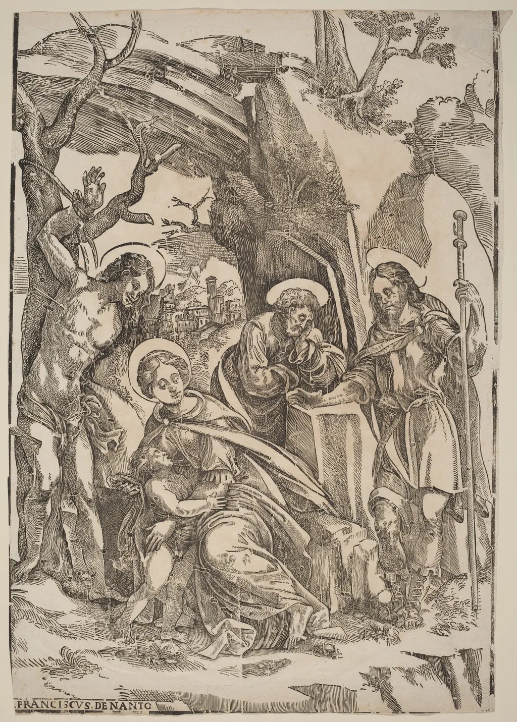 The Holy Family with Saint Sebastian and Saint Roch, by Francesco Denanto, ink, 1522