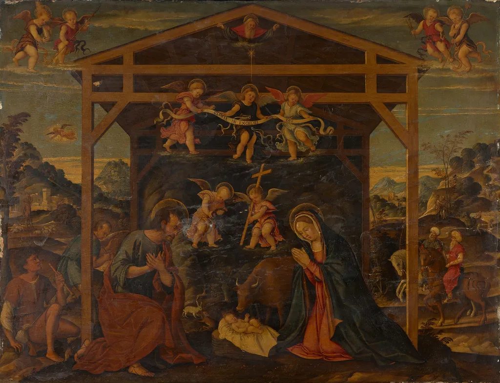 The Birth of Christ, by Francesco di Girolamo da Santacroce, paint, 1565