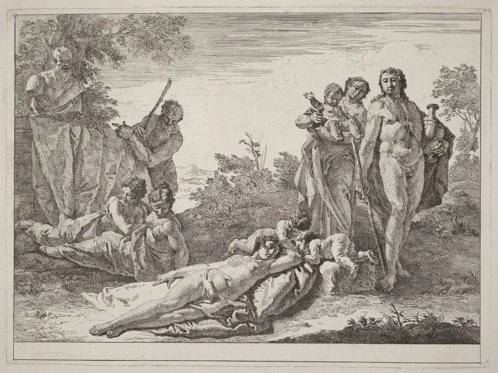 Apollo and Nymphs in a Landscape with a Bust of Pan, by Francesco Fontebasso, ink, 1744