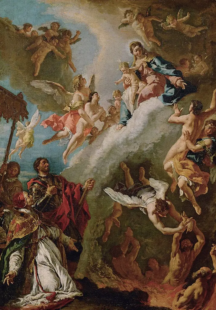 Papst Gregor I. und der Hl. Vitalis bitten die Madonna für die Seelen im Fegefeuer, by Francesco Fontebasso