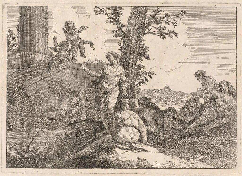 Six Nymphs and Two Cupids in a Landscape, by Francesco Fontebasso, ink, 1744