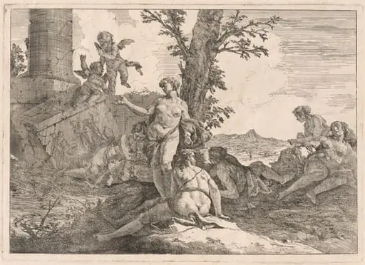 Six Nymphs and Two Cupids in a Landscape, by Francesco Fontebasso