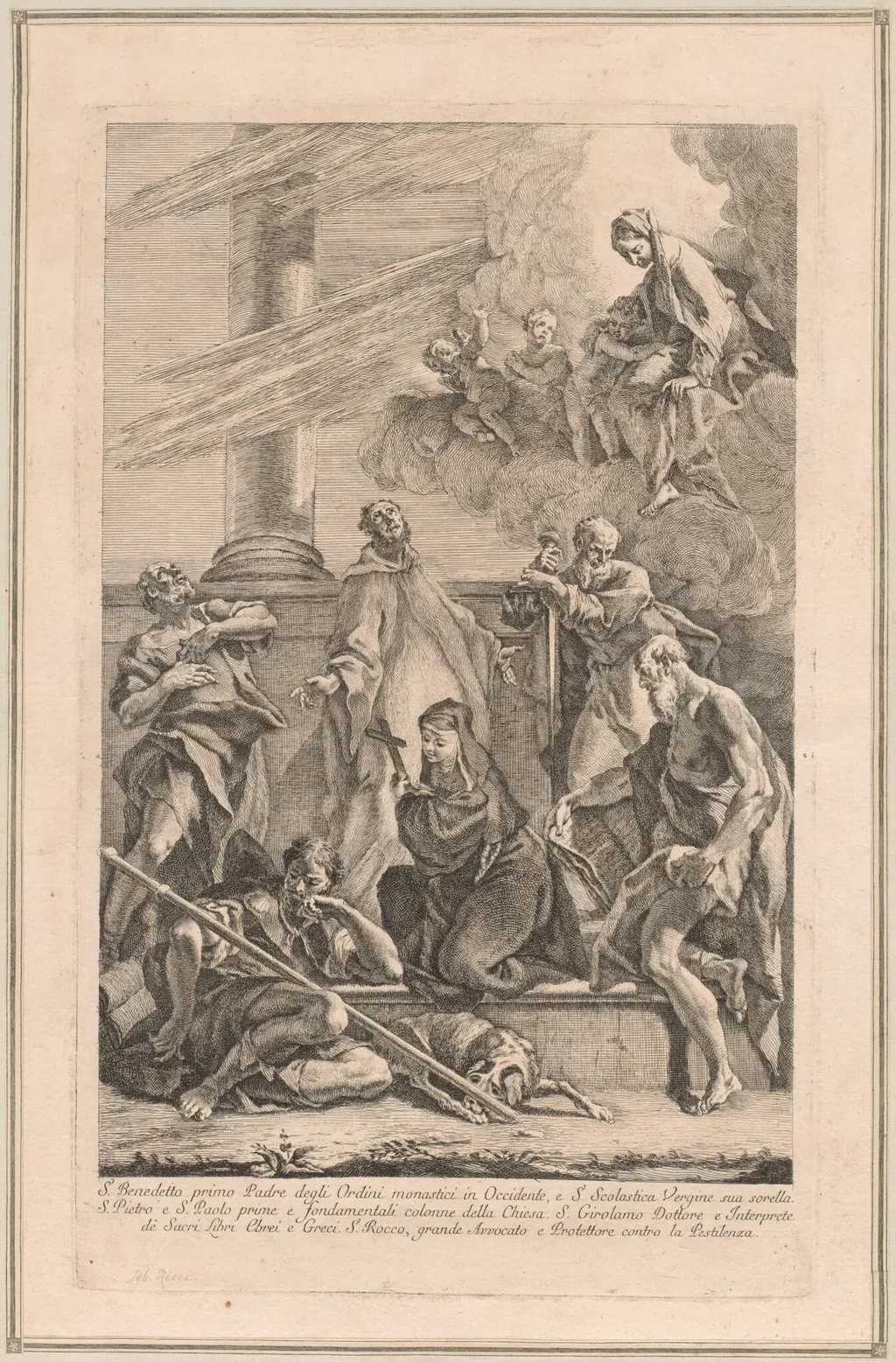The Madonna and Child with Two Angels and Saints Scholastica, Benedict, Roch, Peter, Paul and Jerome, by Francesco Fontebasso, ink, 1740