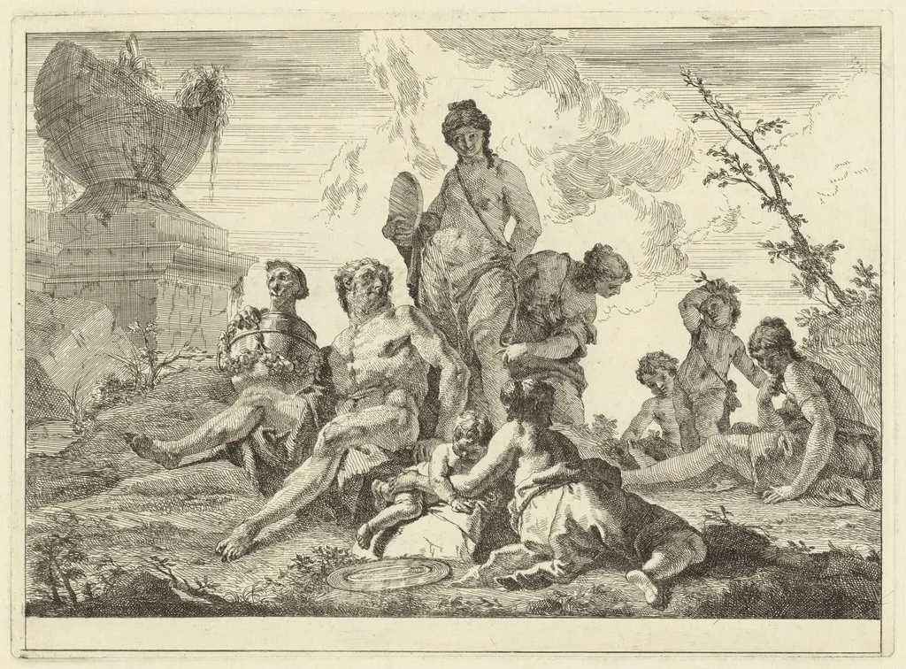 Venus and Vulcan with Three Nymphs and Three Cupids, by Francesco Fontebasso, ink, 1744