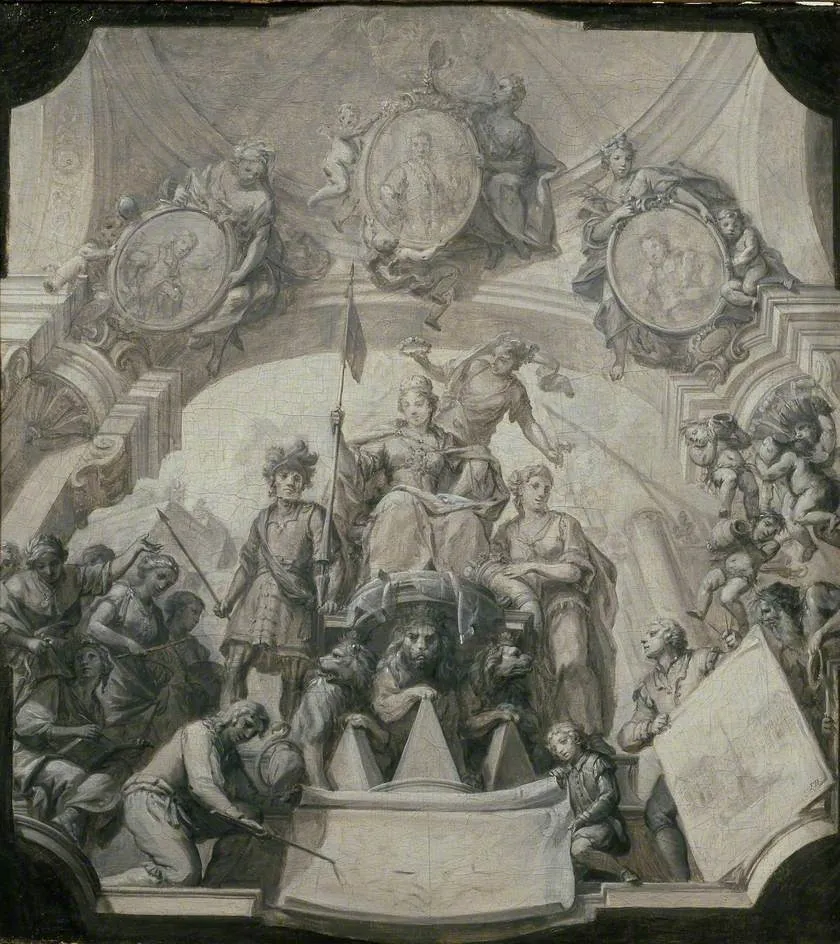 Design for an allegorical Ceiling Painting, by Francesco Galli Bibiena, oil