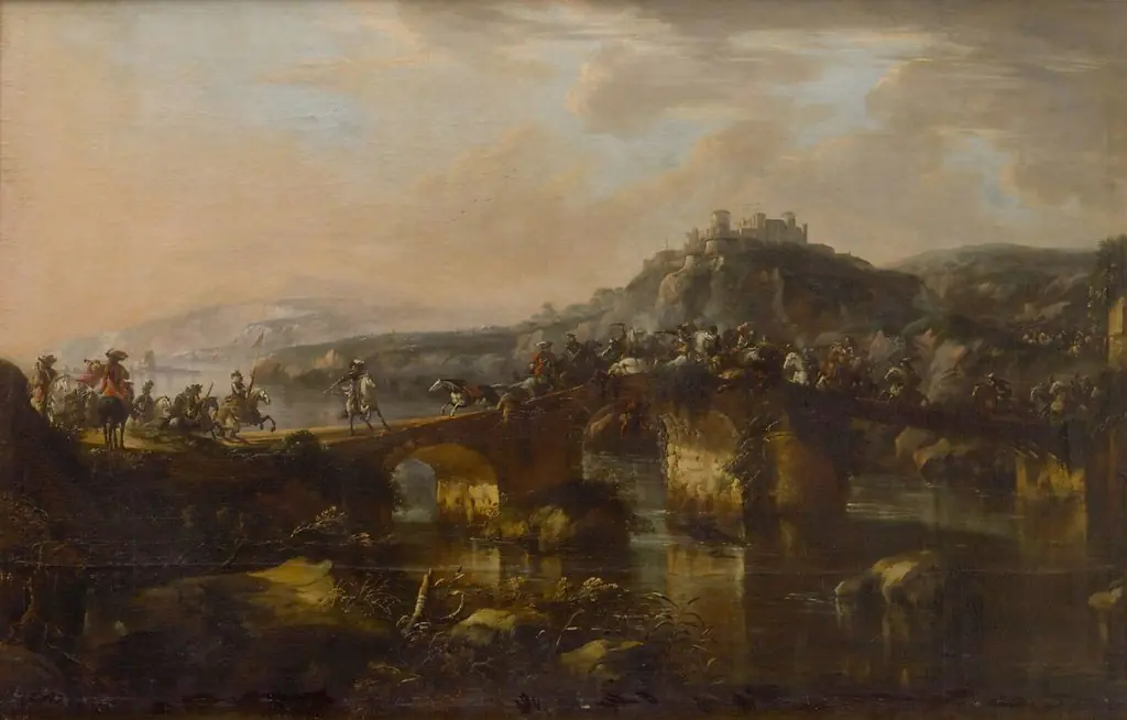 Battle scene of horsemen on a bridge, by Francesco Giuseppe Casanova