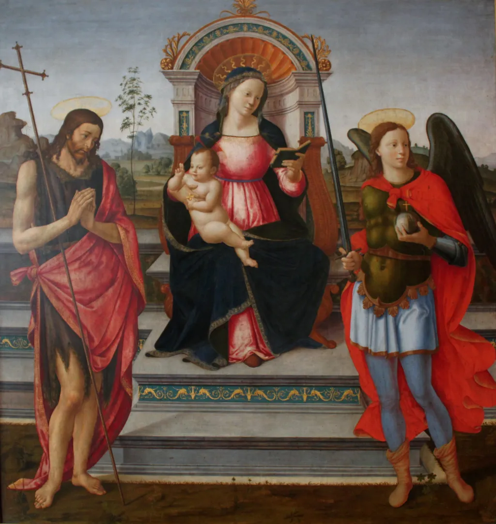 Madonna Enthroned with the blessing child, John the Baptist and St. Michael the Archangel, by Francesco Granacci, paint, 1499