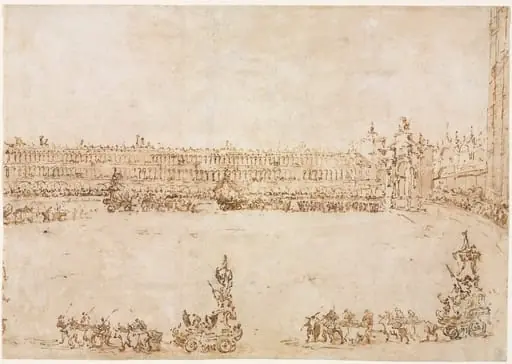 A Procession of Triumphal Cars in the Piazza San Marco, Venice, Celebrating the Visit of the Conti del Nord (recto), by Francesco Guardi