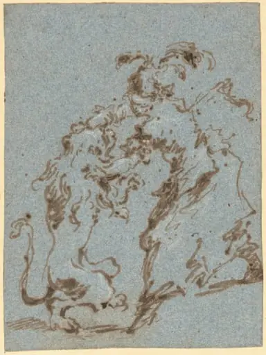 An Elegantly Dressed Woman Struggling with a Lion, by Francesco Guardi