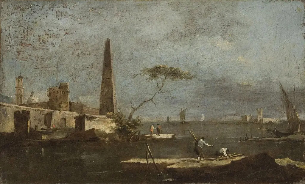 Capriccio with an Obelisk on a Lagoon, by Francesco Guardi