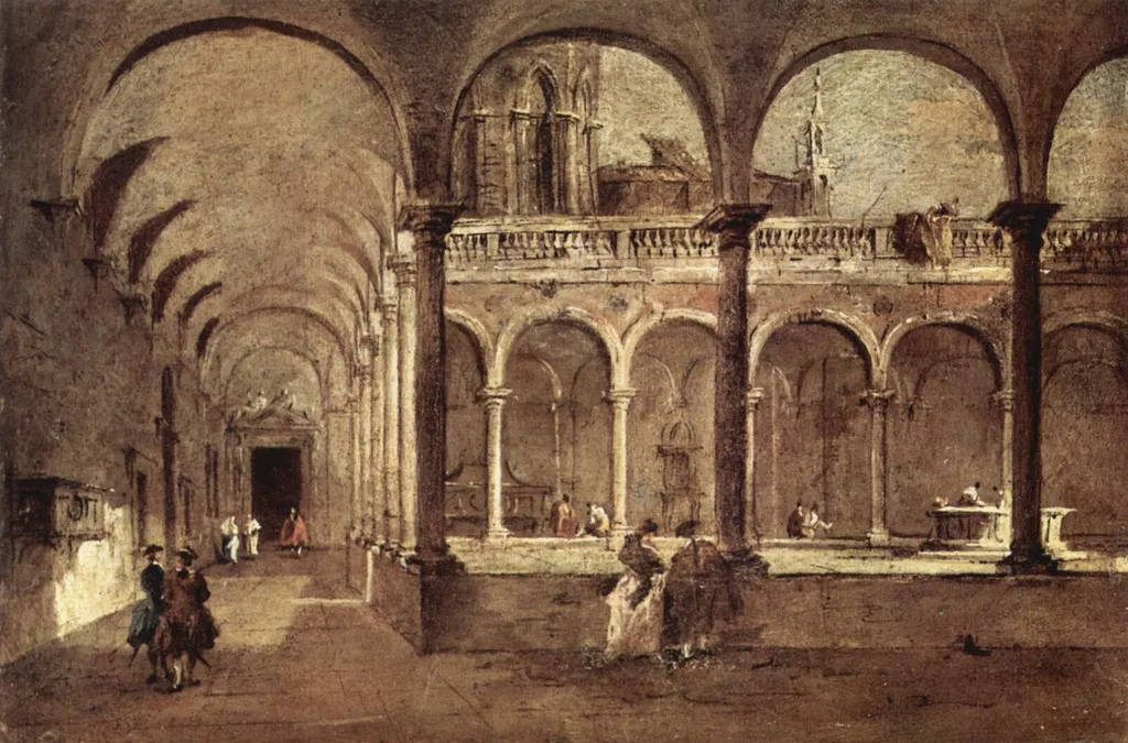 Cloister in Venice, by Francesco Guardi, oil, 1750