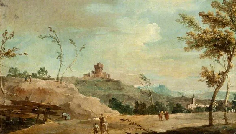 Hilly Landscape with a Ruined Tower, by Francesco Guardi, oil, 1775