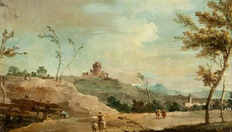 Hilly Landscape with a Ruined Tower, by Francesco Guardi