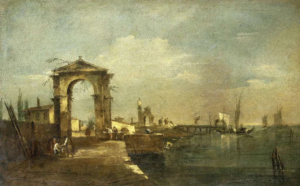 Landscape with a Quay and Ships on a Lake, by Francesco Guardi, oil