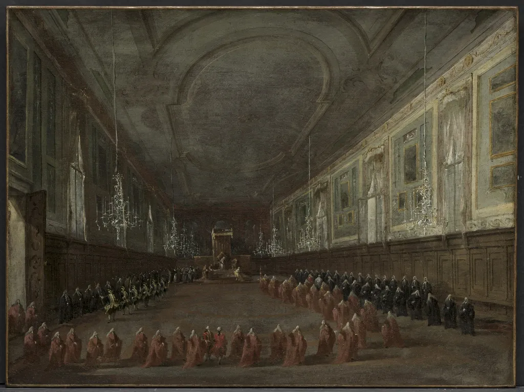 Pope Pius VI Descending the Throne to Take Leave of the Doge in the Hall of SS. Giovanni e Paolo, 1782, by Francesco Guardi, oil, 1792