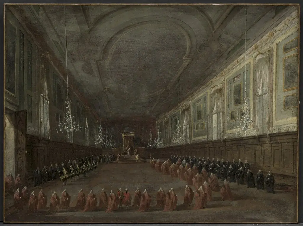 Pope Pius VI Descending the Throne to Take Leave of the Doge in the Hall of SS. Giovanni e Paolo, 1782, by Francesco Guardi