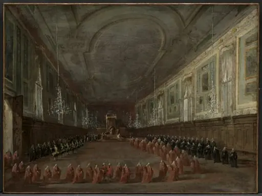 Pope Pius VI Descending the Throne to Take Leave of the Doge in the Hall of SS. Giovanni e Paolo, 1782, by Francesco Guardi