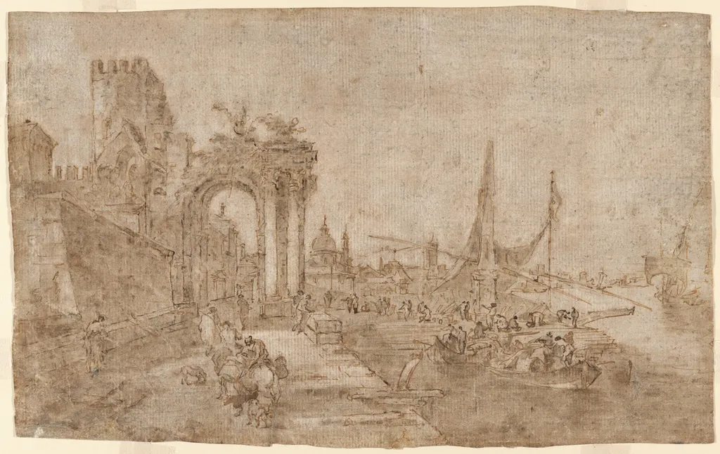 Venetian Capriccio with Boats Unloading (recto); Figures among Ruins (verso), by Francesco Guardi, chalk, 1770