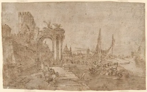 Venetian Capriccio with Boats Unloading (recto); Figures among Ruins (verso), by Francesco Guardi