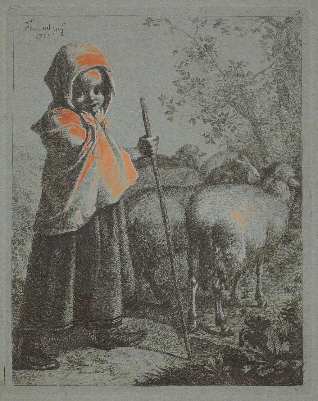 Child Shepherdess with Flock, by Francesco Londonio, ink, 1758