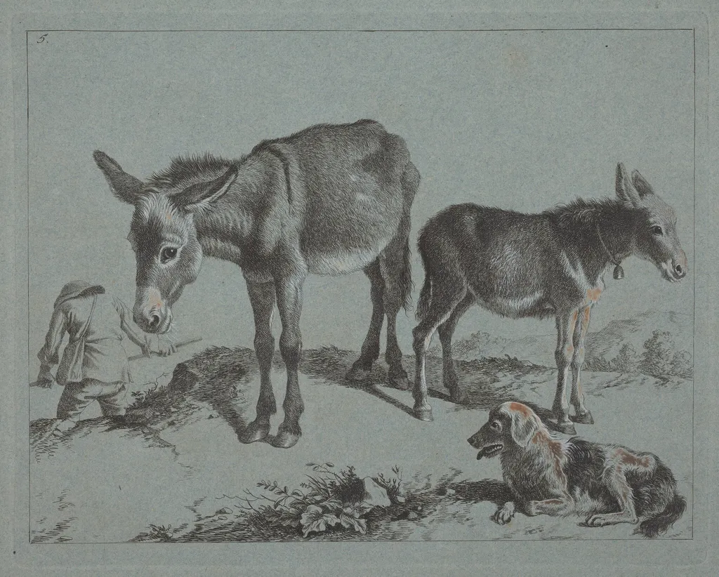 Donkey with her Foal, a Dog, and a Peasant Man, by Francesco Londonio, gouache, 1762