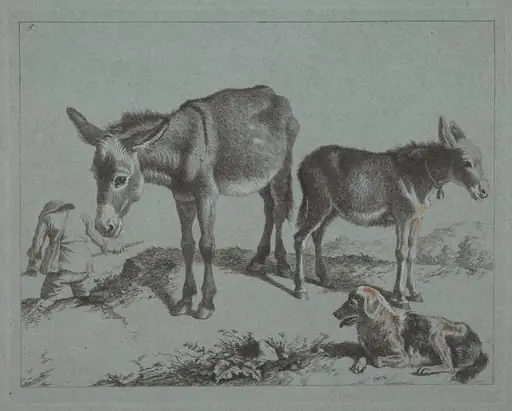 Donkey with her Foal, a Dog, and a Peasant Man