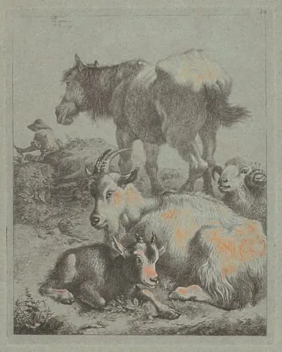 Horse, Ram, Goat with Kid; In the Distance a Shepherd with Flock, by Francesco Londonio