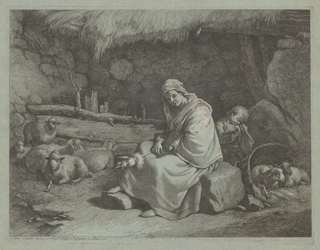 Interior of a Stable with a Seated Spinner and Sleeping Child, by Francesco Londonio, ink, 1770